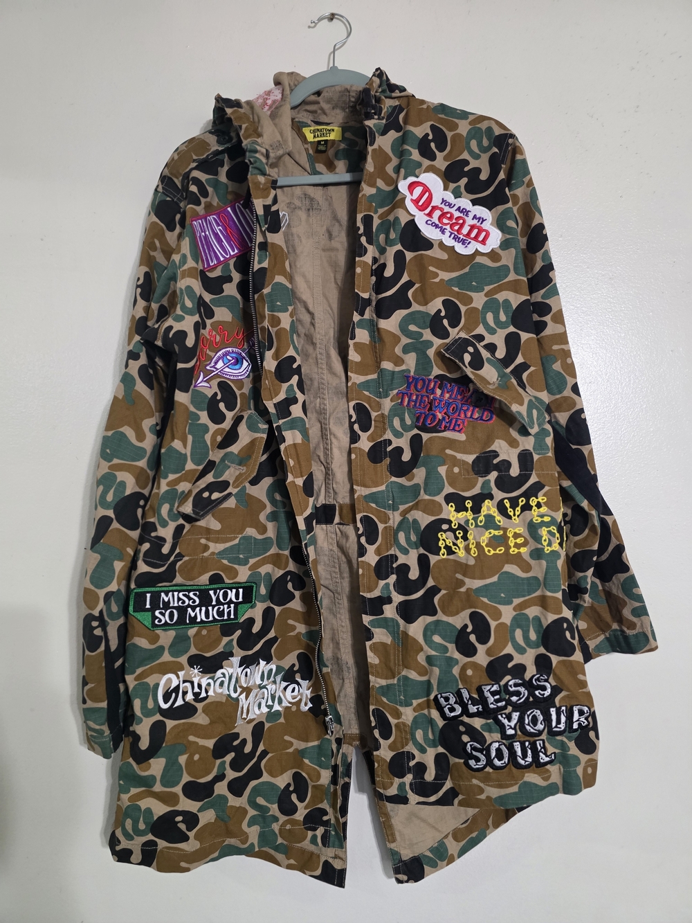Chinatown Market Men's Camo Hooded Full Zip Long Parka Jacket Logo Patches M